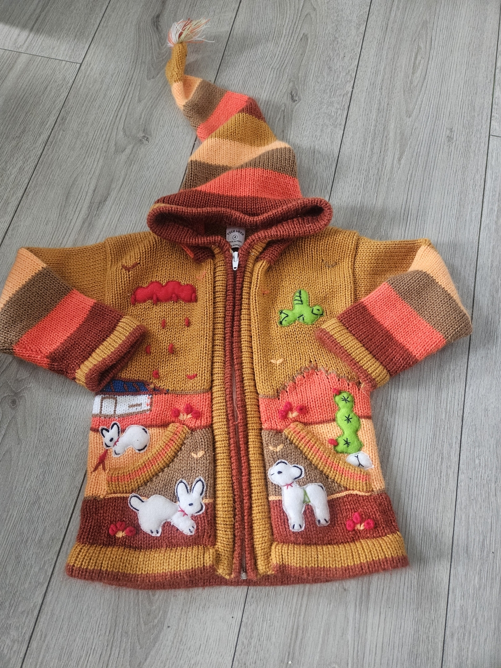 Tico Loco Peru Vintage Knit Hooded Sweater Jacket Size 4 Kids Animal Embroidered